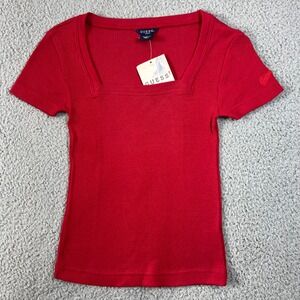 Guess Ribbed Knit Top Juniors S Red Square Neck Short Sleeve VTG NWT